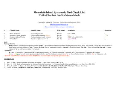 Momalufu Island Systematic Bird Check List W side of Shortland Grp, Nth Solomon Islands Compiled by Michael K. Tarburton, Pacific Adventist University, PNG. [To communicate: please re-type e-mail address] #