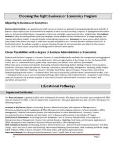 Choosing the Right Business or Economics Program Majoring in Business or Economics Business Administration is an applied major which focuses on a hands-on approach encompassing specific areas and skills. A business major