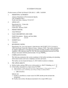 STATEMENT OF BASIS For the issuance of Draft Air Permit # 1284-AR-13 AFIN: 36­[removed]PERMITTING AUTHORITY: Arkansas Department of Environmental Quality