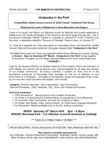 MEDIA RELEASE  FOR IMMEDIATE DISTRIBUTION 8th March 2010