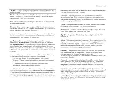 Schemes and Tropes 1  TROPES -- Tropes are figures of speech with an unexpected twist in the meaning of words. Metaphor -- When something is something else: the ladder of success (i.e., success is a ladder). “The offic