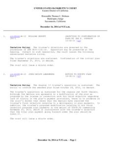 UNITED STATES BANKRUPTCY COURT Eastern District of California Honorable Thomas C. Holman Bankruptcy Judge Sacramento, California December 16, 2014 at 9:32 a.m.