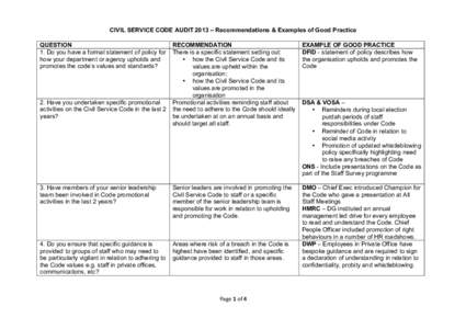 CIVIL SERVICE CODE AUDIT 2013 – Recommendations & Examples of Good Practice 	
   QUESTION RECOMMENDATION EXAMPLE OF GOOD PRACTICE 1. Do you have a formal statement of policy for There is a specific statement setting o