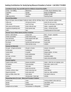 Seeking Contributions for Sandy Spring Museum Strawberry Festival – CallContribute Candy, Toys and Gift Cards for Children’s Grand Prize Raffle Candy – non-melting Electronics T-shirts, Socks, Banda