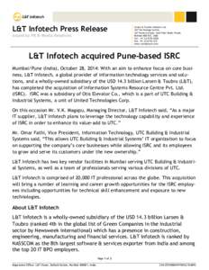 L&T Infotech Press Release Issued by PR & Media Relations Larsen & Toubro Infotech Ltd. L&T Technology Centre, L&T Powai Campus, Saki Vihar Road, Powai,