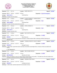 University of Southern California Department of Public Safety Daily Incident Log FromToReported: 9/1/15