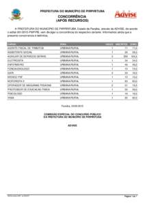 PREFEITURA DO MUNICÍPIO DE PIRPIRITUBA  CONCORRÊNCIA (APÓS RECURSOS) A PREFEITURA DO MUNICÍPIO DE PIRPIRITUBA, Estado da Paraíba, através da ADVISE, de acordo o editalPMP/PB, vem divulgar a concorrência 