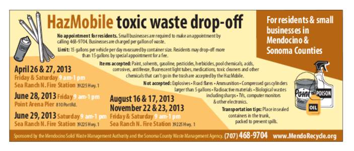 HazMobile toxic waste drop-off  For residents & small businesses in Mendocino & Sonoma Counties