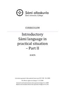 CURRICULUM  Introductory Sámi language in practical situation – Part II