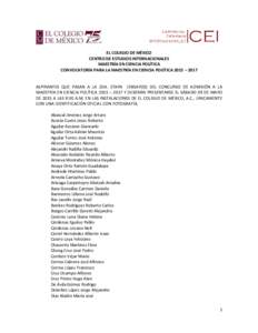 EL COLEGIO DE MÉXICO CENTRO DE ESTUDIOS INTERNACIONALES MAESTRÍA EN CIENCIA POLÍTICA CONVOCATORÍA PARA LA MAESTRÍA EN CIENCIA POLÍTICA 2015 – 2017  ASPIRANTES QUE PASAN A LA 2DA. ETAPA (ENSAYOS) DEL CONCURSO DE A