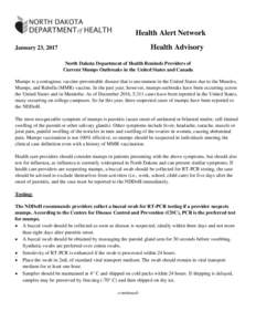 Health Alert Network Health Advisory January 23, 2017  North Dakota Department of Health Reminds Providers of