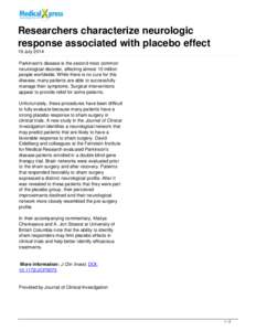 Researchers characterize neurologic response associated with placebo effect
