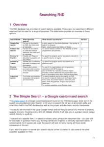 Searching R4D 1 Overview The R4D database has a number of search options available. These carry out searches in different ways and can be used for a range of purposes. The table below provides an overview of these option