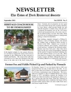 NEWSLETTER The Town of York Historical Society ____________________________________________________________________________________________________________ September 2011