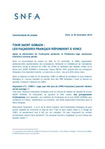 Communiqué de presse  Paris, le 29 novembre 2016 TOUR SAINT GOBAIN : LES FAÇADIERS FRANÇAIS RÉPONDENT À VINCI