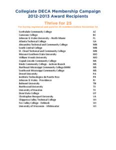 Collegiate DECA Membership Campaign[removed]Award Recipients Thrive for 25 For having registered and paid for 25 members before November 1st  Scottsdale	
  Community	
  College	
  