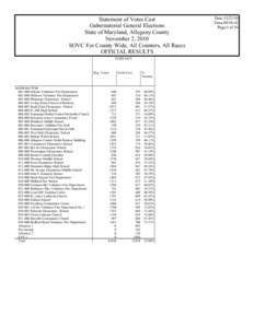 Statement of Votes Cast Gubernatorial General Elections State of Maryland, Allegany County November 2, 2010 SOVC For County Wide, All Counters, All Races OFFICIAL RESULTS