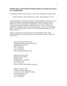 Position Paper on the Medical Examiner Release of Organs and Tissues for Transplantation