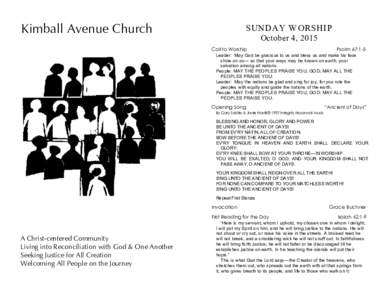 Kimball Avenue Church  SUNDAY WORSHIP October 4, 2015 Call to Worship