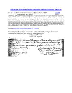 Southern Campaign American Revolution Pension Statements & Rosters Bounty Land Warrant information relating to Thomas Peers VAS154 Transcribed by Will Graves vsl 1 VA[removed]