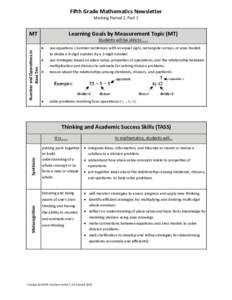 Fifth Grade Mathematics Newsletter Marking Period 2, Part 1 Learning Goals by Measurement Topic (MT)  MT