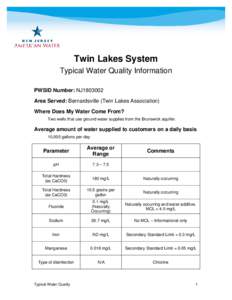 Twin Lakes System Typical Water Quality Information PWSID Number: NJ1803002 Area Served: Bernardsville (Twin Lakes Association) Where Does My Water Come From? Two wells that use ground water supplies from the Brunswick a