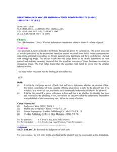 BENNY HAMAINZA WYCLIFF MWINGA v TIMES NEWSPAPERS LTDZ.RS.C.)  SUPREME COURT NGULUBE, D.C.J., GARDNER. AND CHAILA, JJ.S. 8TH JUNE,1989 AND 28TH FEBUARY,S.C.Z. JUDGMENT NO 11 OF 1989)