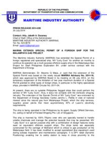 REPUBLIC OF THE PHILIPPINES DEPARTMENT OF TRANSPORTATION AND COMMUNICATIONS MARITIME INDUSTRY AUTHORITY PRESS RELEASEJuly 2014