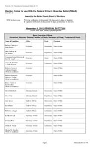 Form No. 120 Prescribed by Secretary of StateElection Notice for use With the Federal Write-In Absentee Ballot (FWAB) R.CIssued by the Butler County Board of Elections