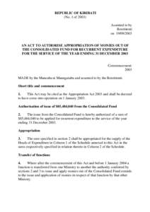 Politics / Consolidated Fund / Government of the United Kingdom / Kiribati / Appropriation Act / Ministry of Finance / Attorney general / Politics of Kiribati / Government / Government of Kiribati / Law