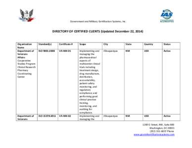 Government and Military Certification Systems, Inc.  DIRECTORY OF CERTIFIED CLIENTS (Updated December 22, 2014) Organization Name