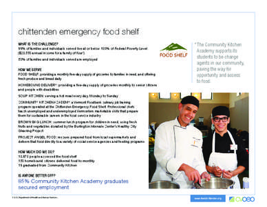 chittenden emergency food shelf WHAT IS THE CHALLENGE? 88% of families and individuals served live at or below 100% of Federal Poverty Level ($23,550 annual income for a family of four1) 50% of families and individuals s