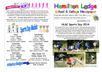 Hamilton Lodge Next Tuesday, all pupils and staff will be taking part in the Race for Life to raise money and awareness about Cancer. The race will be a fun afternoon of distance running or silly races so that everyone c