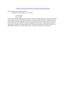 Southern Campaign American Revolution Pension Statements & Rosters Pension Application of Charles Jones R50 Transcribed and annotated by C. Leon Harris Pension Officer July 27, 1849 I certify that I have examined the cla