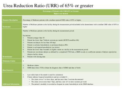 Urea Reduction Ratio (URR) of 65% or greater Percentage of Patients with URR 65% or Greater Higher rate desired Measure Description