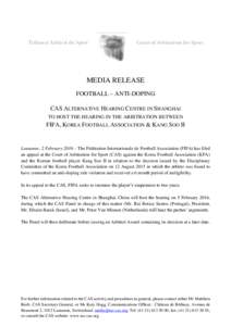 Tribunal Arbitral du Sport  Court of Arbitration for Sport MEDIA RELEASE FOOTBALL – ANTI-DOPING
