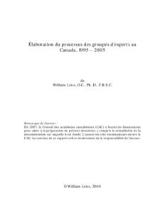 Élaboration du processus de groupes d’experts au Canada, 1995 – 2005