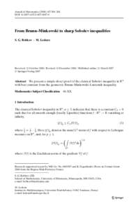 Annali di Matematica:369–384 DOIs10231From Brunn–Minkowski to sharp Sobolev inequalities S. G. Bobkov · M. Ledoux