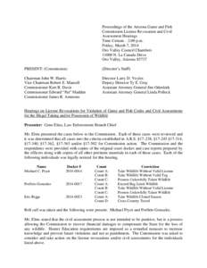 Proceedings of the Arizona Game and Fish Commission License Revocation and Civil Assessment Hearings Time Certain – 2:00 p.m. Friday, March 7, 2014 Oro Valley Council Chambers