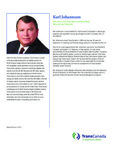 Karl Johannson Executive Vice-President and President, Natural Gas Pipelines Karl Johannson is accountable for TransCanada Corporation’s natural gas pipelines and regulated natural gas storage business in Canada, the U