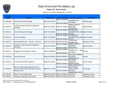 Daily Crime and Fire Safety Log Rutgers PD - New Brunswick Friday 01 JuneSaturday 30 June 2018 Incident Number