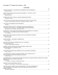 Proceedings, 17th Vertebrate Pest Conference – 1996 CONTENTS Page OPENING REMARKS - SEVENTEENTH VERTEBRATE PEST CONFERENCE Robert M. Timm ................................................................................