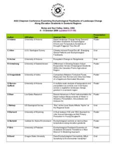 AGU Chapman Conference Examining Ecohydrological Feedbacks of Landscape Change Along Elevation Gradients in Semiarid Regions Boise and Sun Valley, Idaho, USA 4 – 8 OctoberupdatedPresentation Type