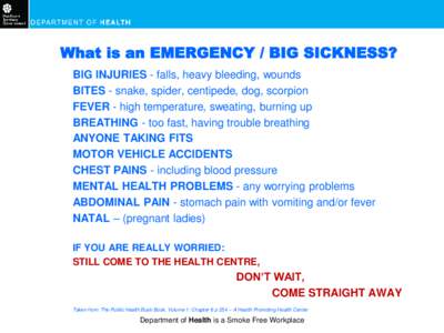 What is an EMERGENCY / BIG SICKNESS? BIG INJURIES - falls, heavy bleeding, wounds BITES - snake, spider, centipede, dog, scorpion FEVER - high temperature, sweating, burning up BREATHING - too fast, having trouble breath