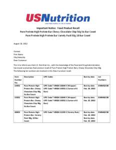 Important Notice: Food Product Recall Pure Protein High Protein Bar Chewy Chocolate Chip 50g Six Bar Count Pure Protein High Protein Bar Variety Pack 50g 18 Bar Count