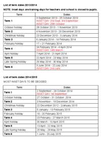 List of term dates[removed]NOTE: Inset days are training days for teachers and school is closed to pupils. Term October holiday