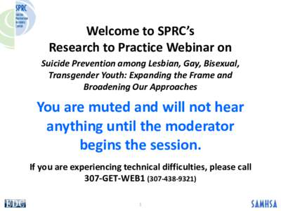 Welcome to SPRC’s Research to Practice Webinar on Suicide Prevention among Lesbian, Gay, Bisexual, Transgender Youth: Expanding the Frame and Broadening Our Approaches