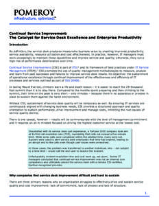 Continual Service Improvement:  The Catalyst for Service Desk Excellence and Enterprise Productivity Introduction By definition, the service desk produces measurable business value by enabling improved productivity, serv