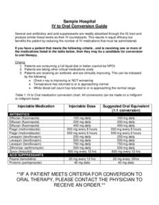 Sample Hospital IV to Oral Conversion Guide Several oral antibiotics and acid suppressants are readily absorbed through the GI tract and produce similar blood levels as their IV counterparts. This results in equal effica