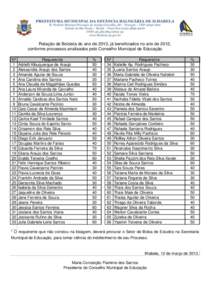 Relação de Bolsista do ano de 2013, já beneficiados no ano de 2012, conforme processos analisados pelo Conselho Municipal de Educação Nº 1 2 3